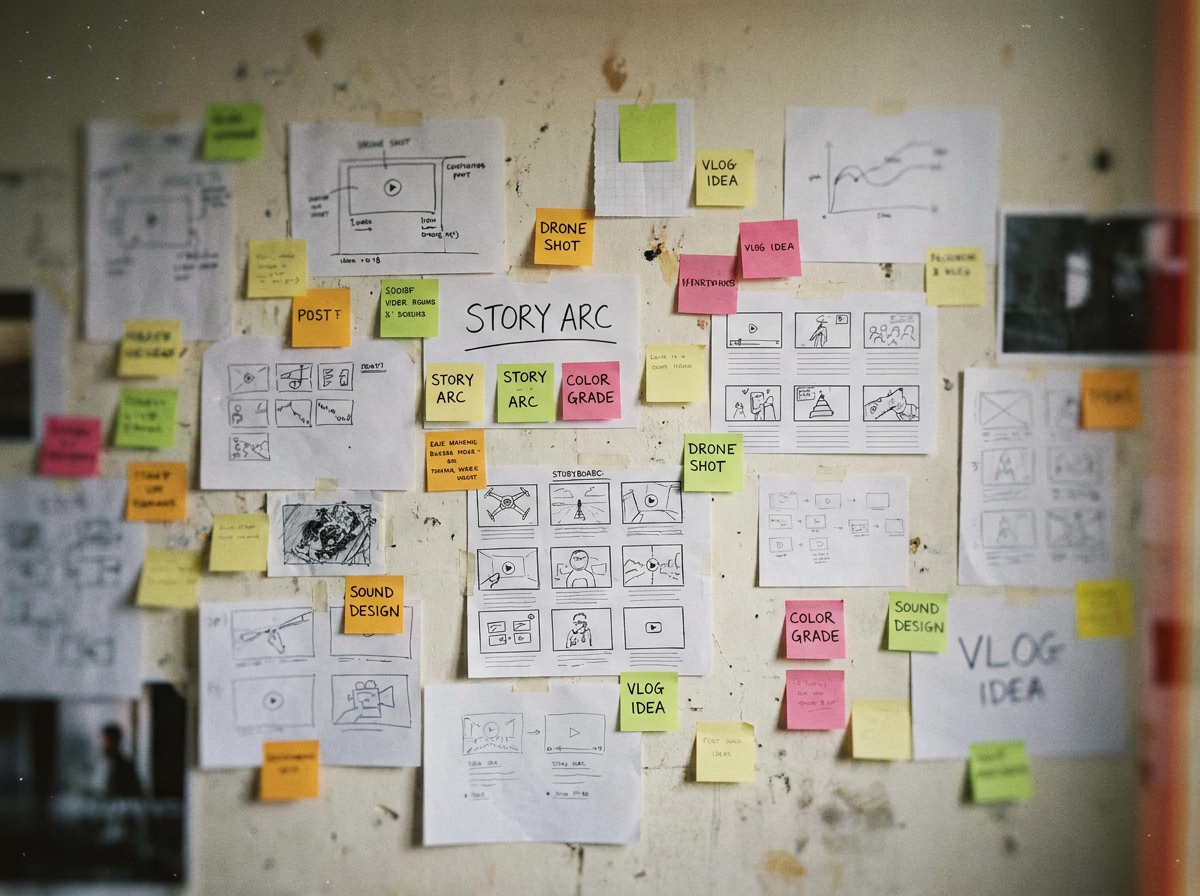 Creatieve sessie met storyboards en post-its op kantoor