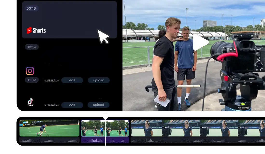 Snippetly short form video productie, Shorts UI, camera op locatie en edit-tijdlijn